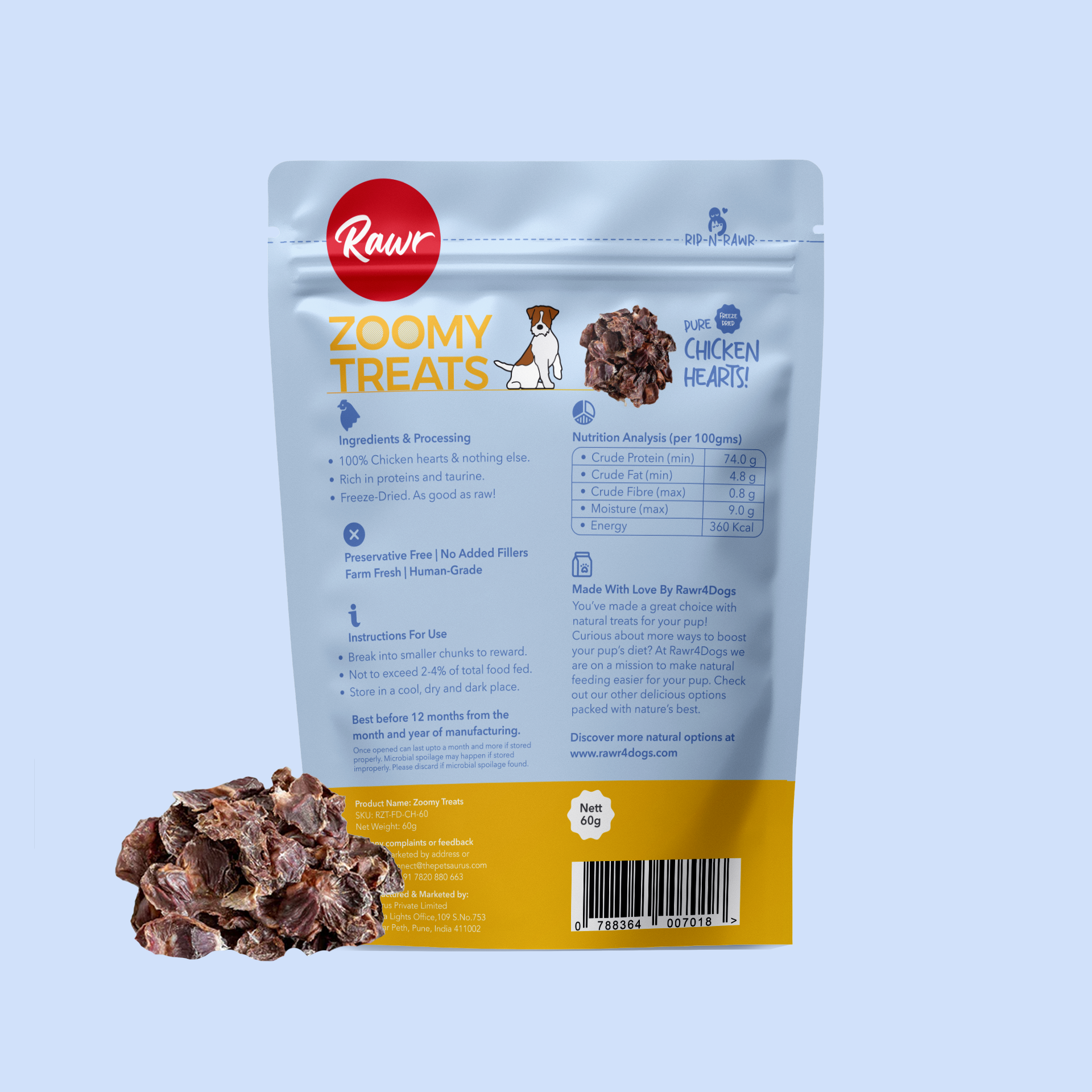 Rawr4Dogs | Zoomy Treats | Freeze-Dried Chicken Hearts | 60 GMS