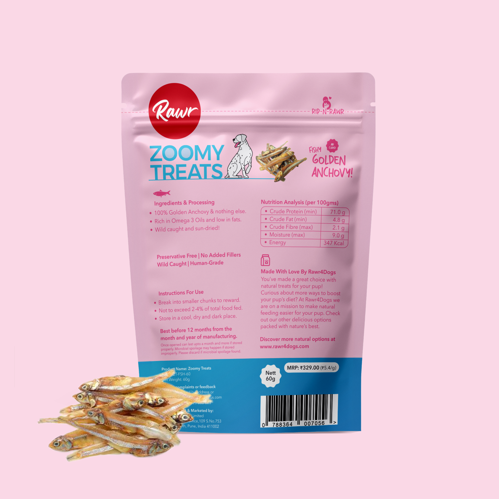 Rawr4Dogs | Zoomy Treats | Sun-Dried Golden Anchovy Fish | 60 GMS