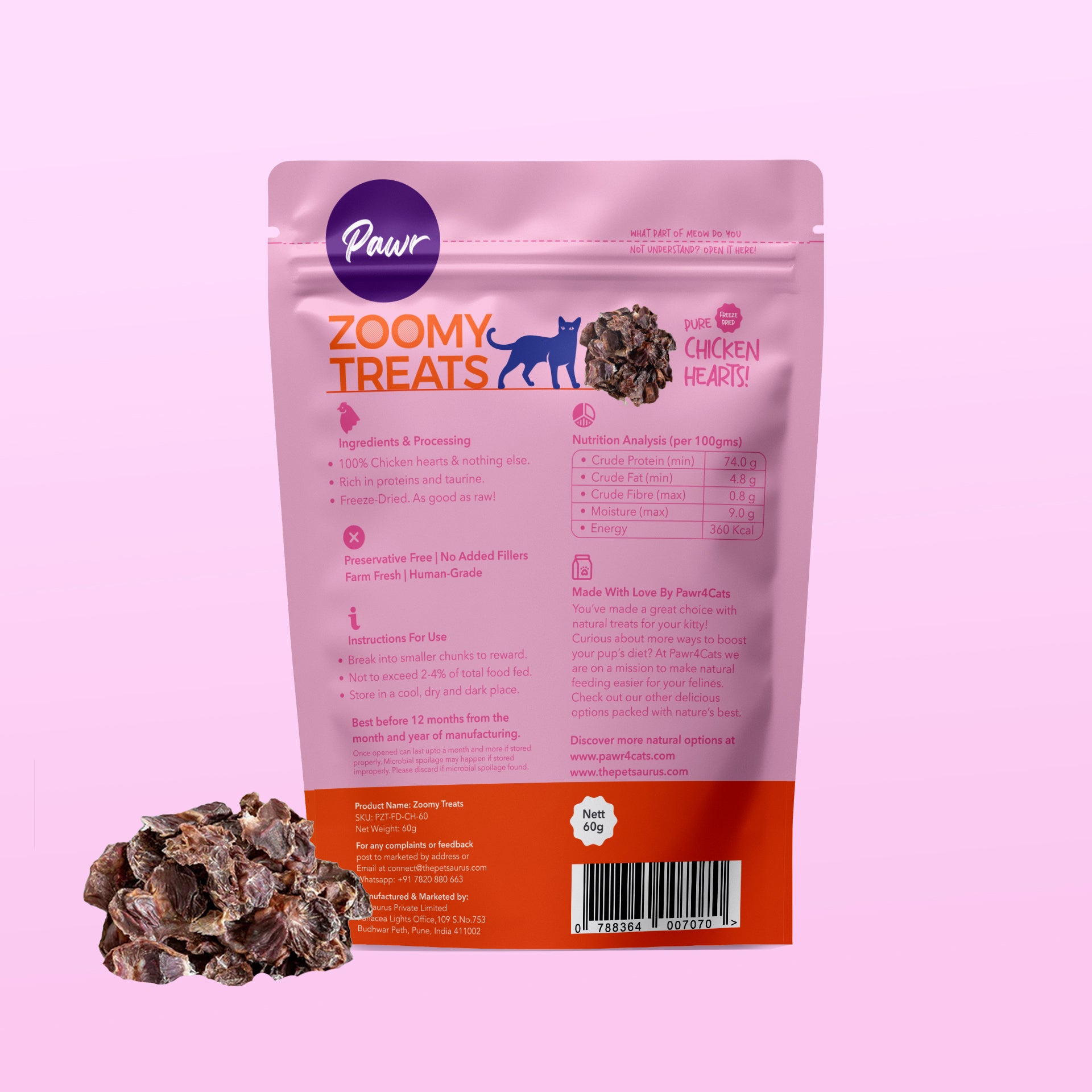Pawr4Cats | Zoomy Treats | Freeze-Dried Chicken Hearts | 45 GMS