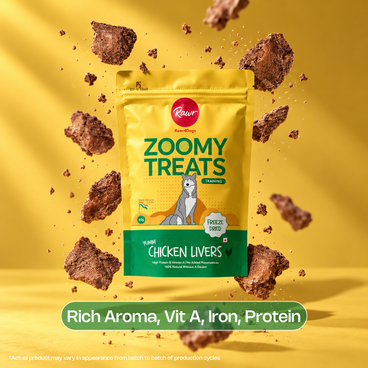 Rawr4Dogs Zoomy Treats Chicken LIver Freeze-Dried Chunks flying around the packet