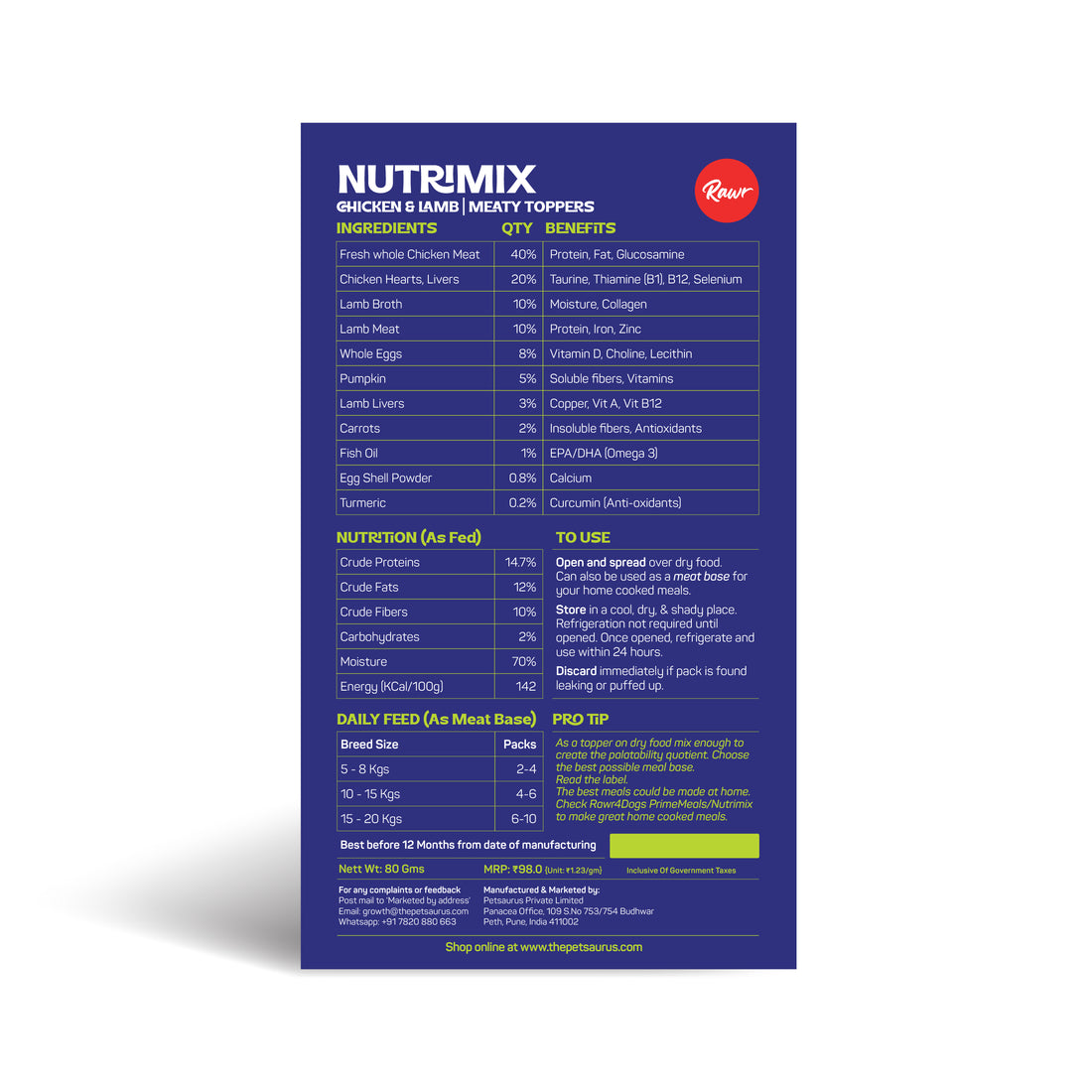 Rawr4Dogs | Nutrimix (Wet) | Meaty Toppers | Chicken & Lamb