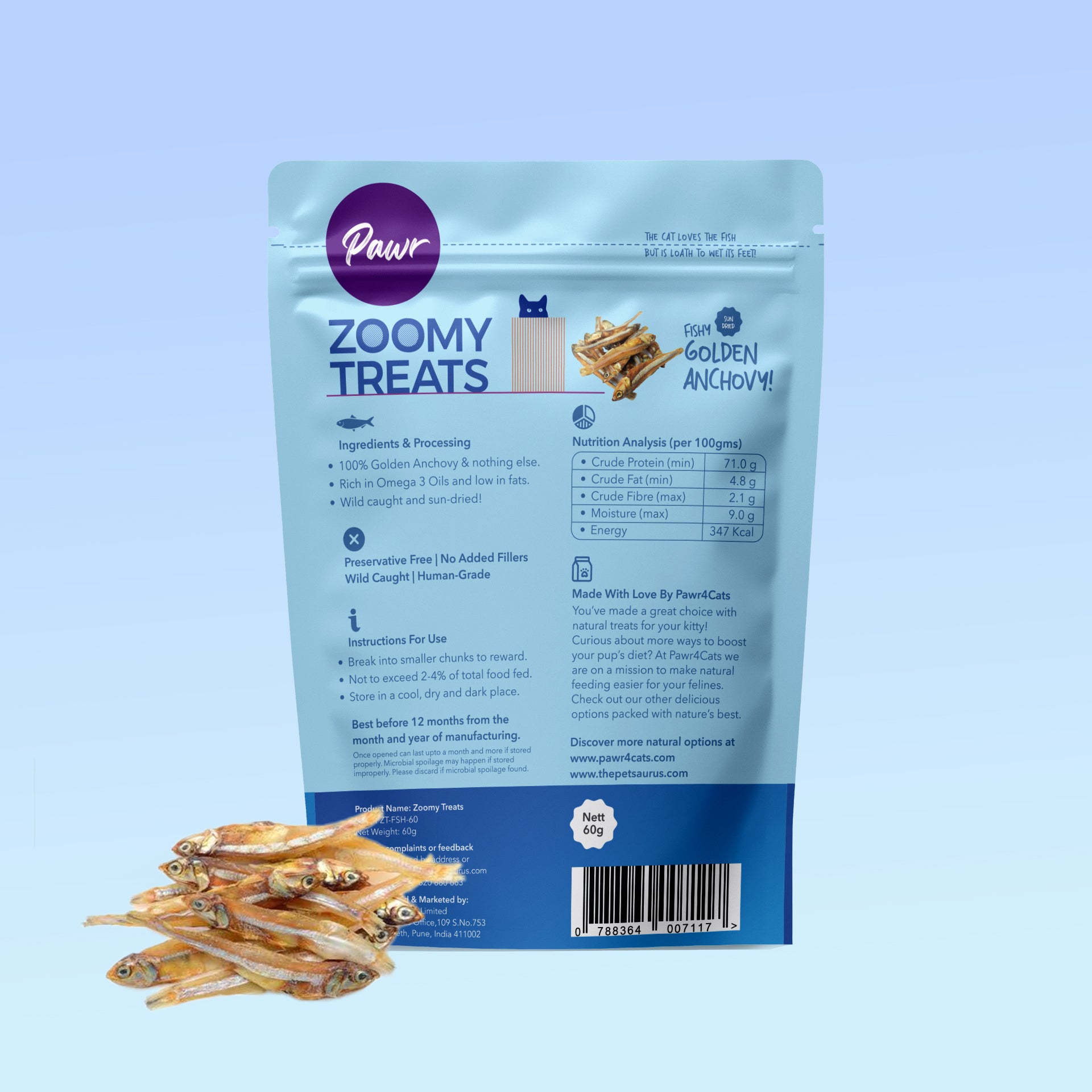 Pawr4Cats | Zoomy Treats | Sun-Dried Golden Anchovy Fish | 60 GMS